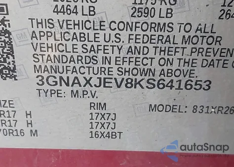 2019 Chevrolet Equinox Lt from USA, damaged, VIN 3GNAXJEV8KS641653